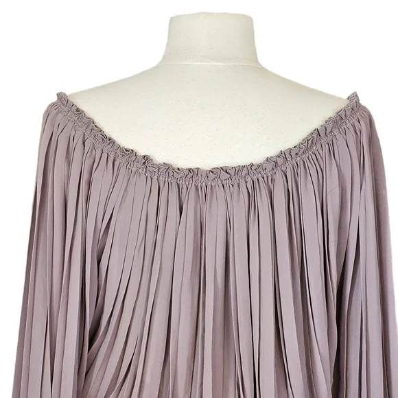 Max Studio Off Shoulder Peasant Balloon Sleeve Pleated Mini Dress Tan Size Small - Picture 3 of 16